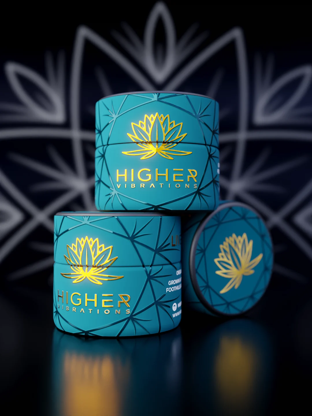 Three Higher Vibrations Cold Cure Live Rosin jars stacked with lotus pattern backdrop