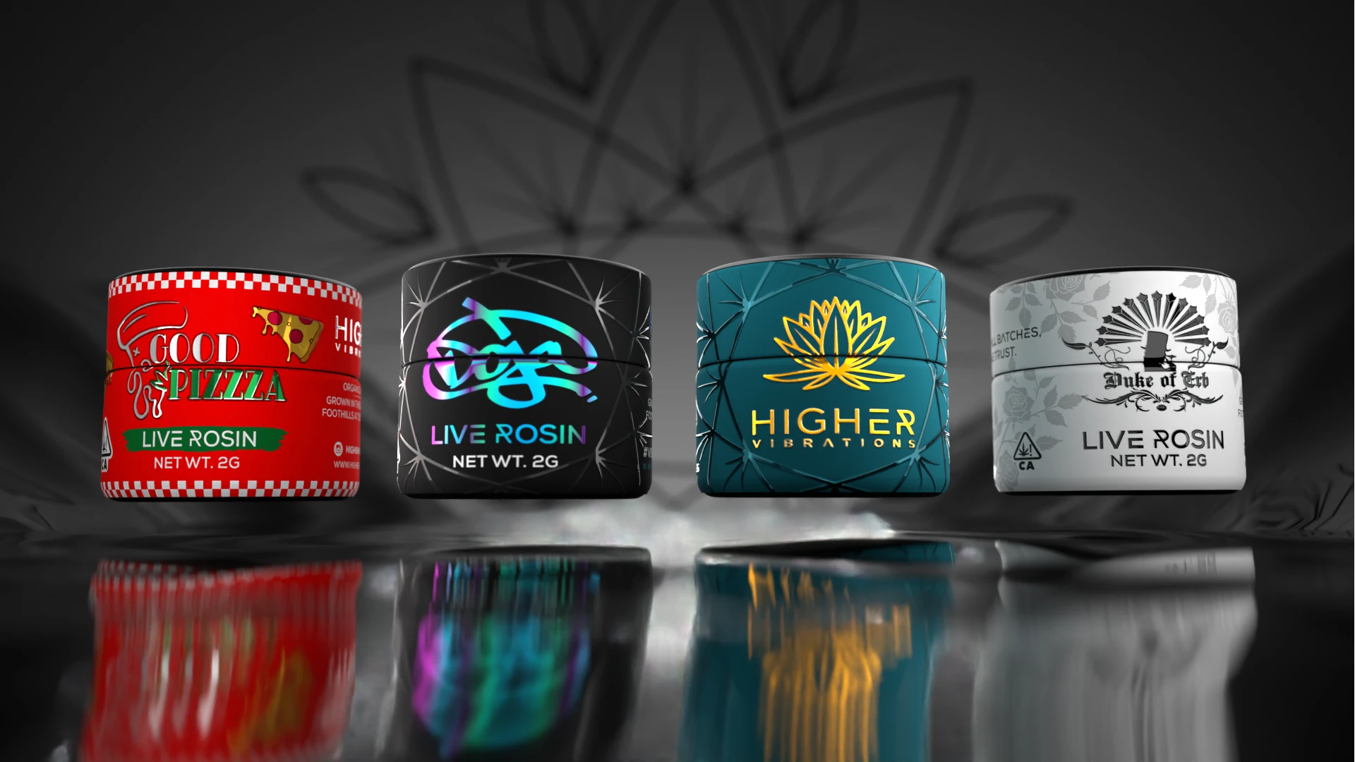 Lineup of branded 2g live rosin jars by Higher Vibrations, Doja, Duke of Erb, and Good Pizza on reflective surface