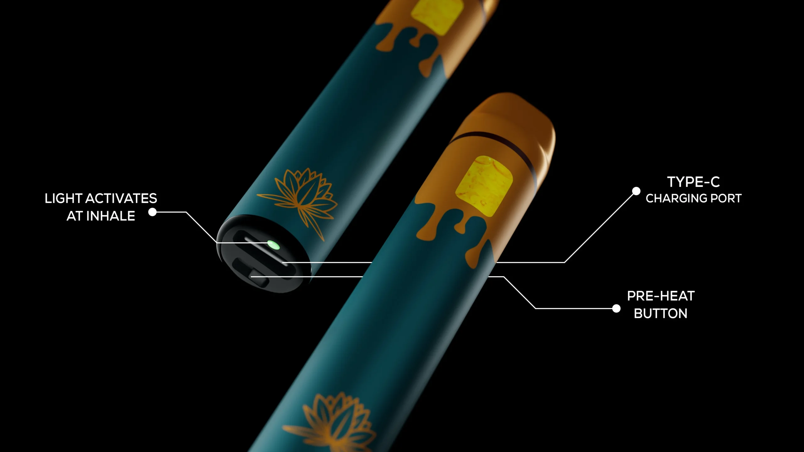 All-in-one live resin vape pod with pre-heat button, inhale-activated light, and USB-C charging port