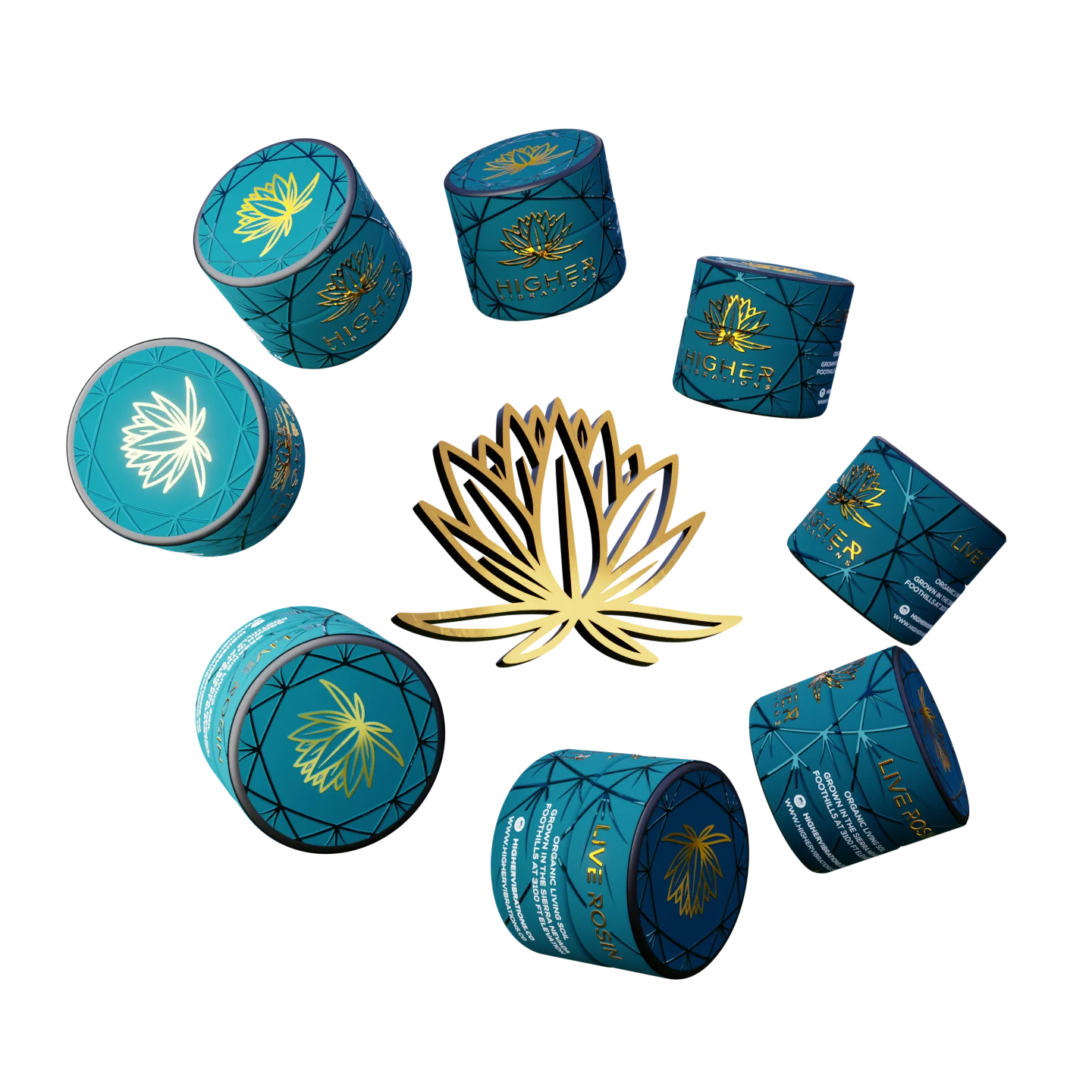 Genetics Library 6 Higher Vibrations Cold Cure Live Rosin jars forming a circle around golden lotus logo on black background
