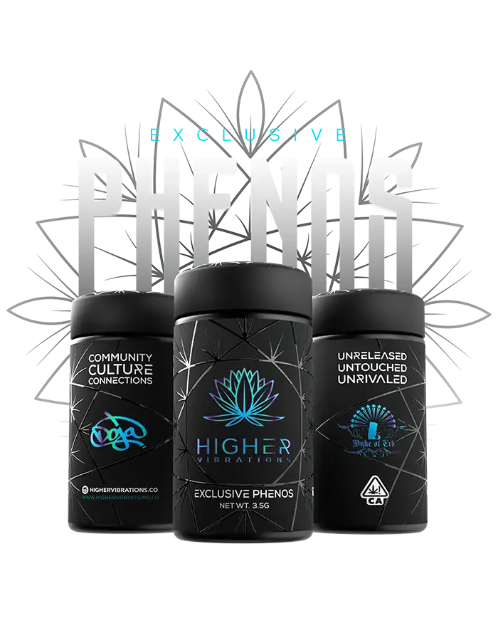 Genetics Library 5 Exclusive flower phenos by Higher Vibrations, Doja, and Duke of Erb in sleek black jars with rare cannabis genetics label