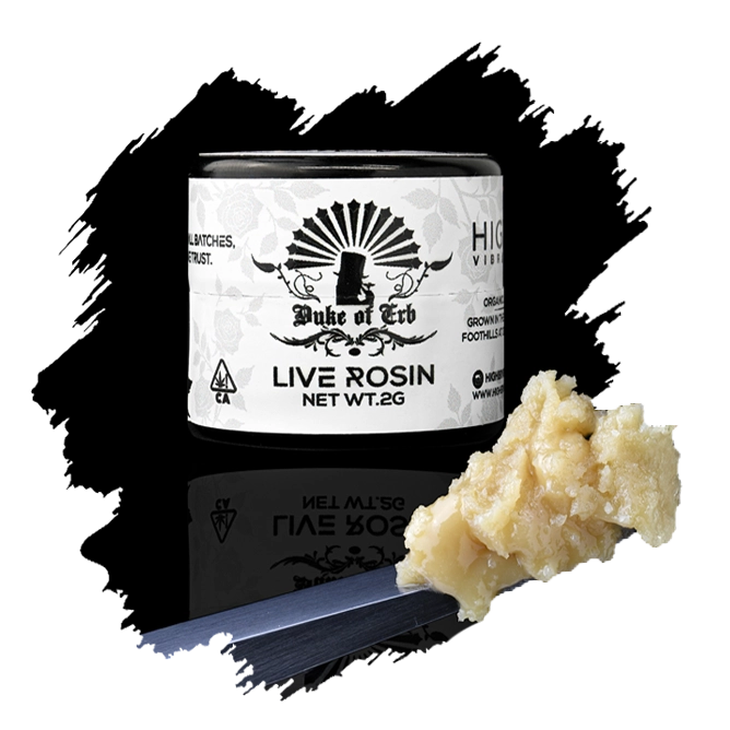Live rosin crafted with Duke of Erb’s rare cannabis genetics and Higher Vibrations’ high elevation, solventless extraction