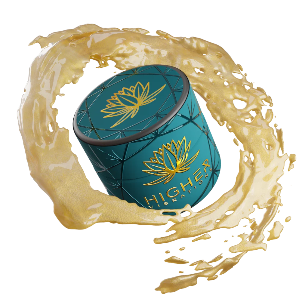 Homepage 7 Higher Vibrations Cold Cure Live Rosin jar surrounded by golden rosin splash on dark background